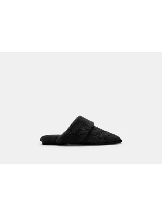 Coach Sherpa Flat Mule Slipper Women's Size 8 Black Signature Suede Shoes CCX65 - Picture 2 of 4